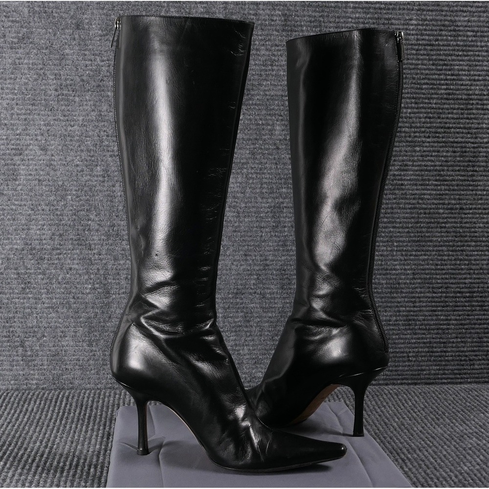 VTG Jimmy Choo Size 38 8 Kid Leather Black Pointed Toe Stiletto Boots Italy Y2K